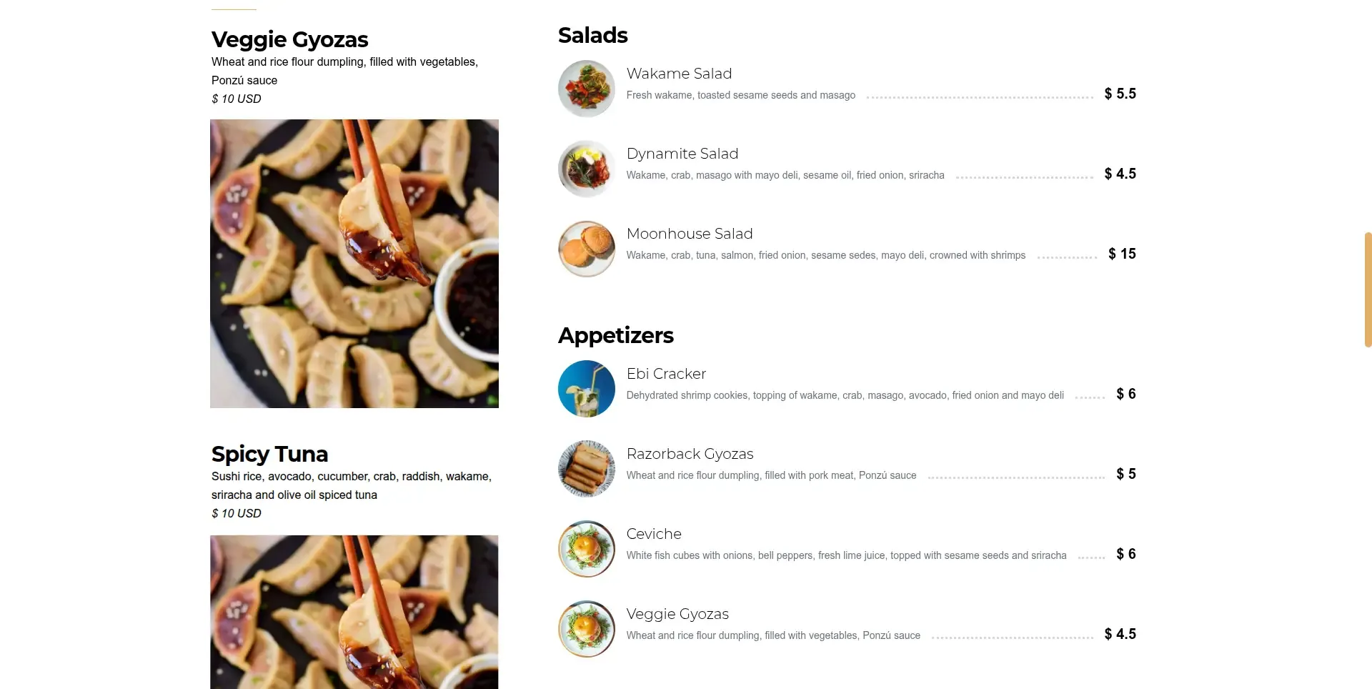 Moonhouse - Menú de la página de inicio del restaurante