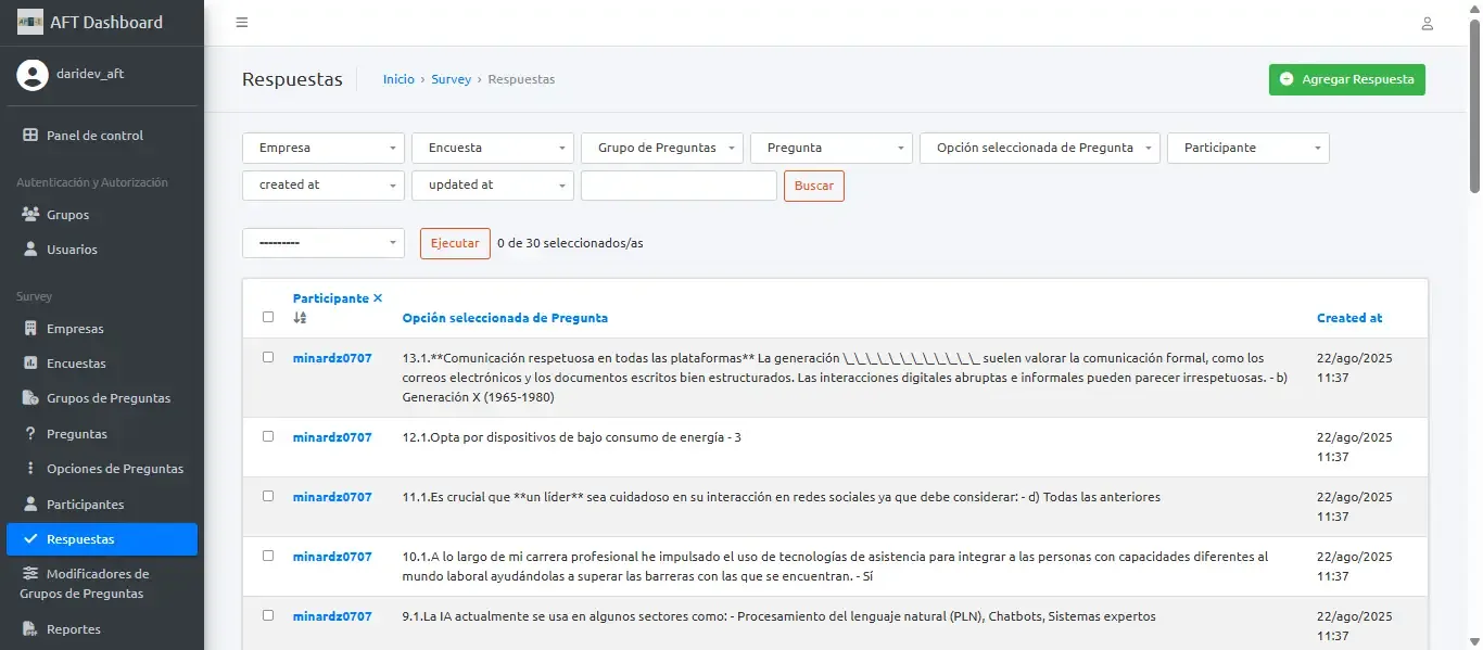 AFT - Dashboard de administración de respuestas