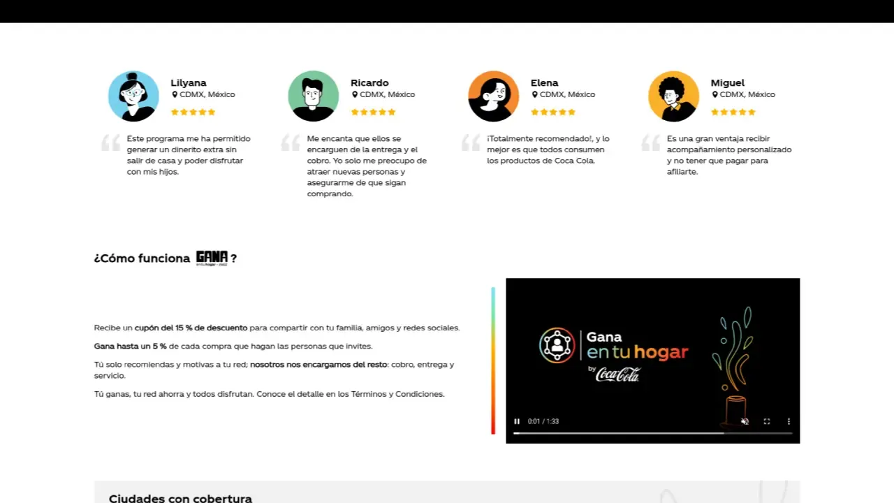 Sección de testimonios del programa de afiliados Coca-Cola