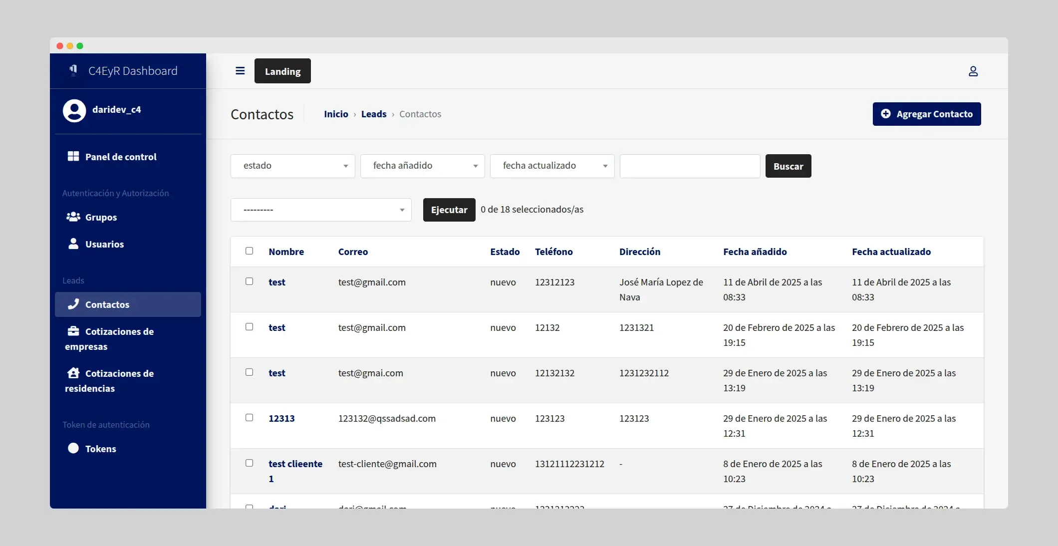 C4 Empresarial y Residencial - Panel de control del dashboard