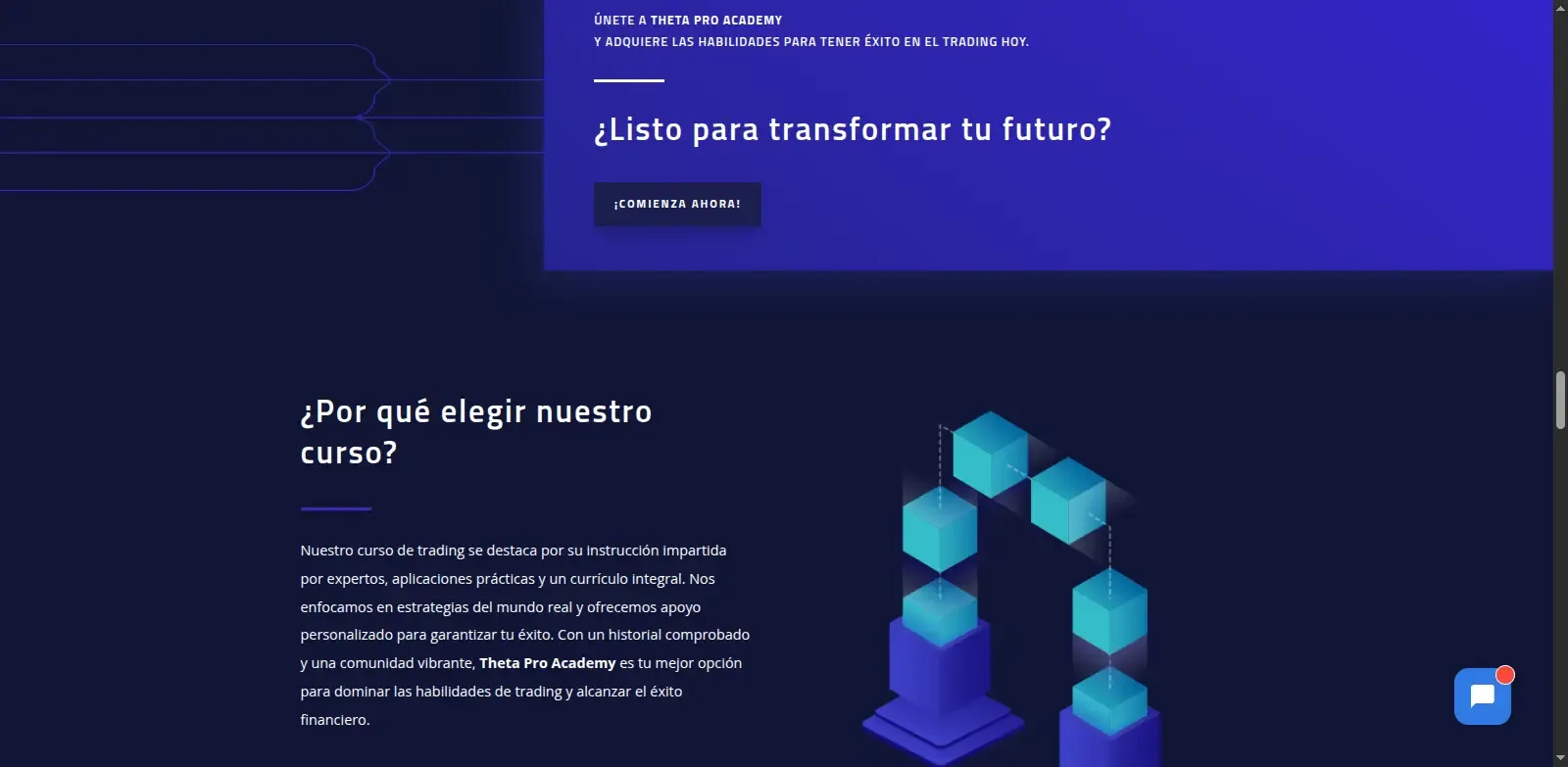 Call to action del diseño web de Theta Pro Academy