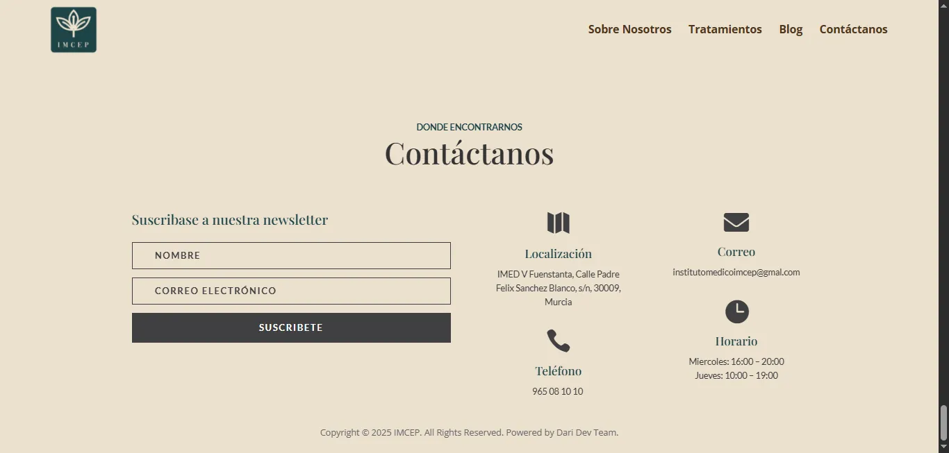 IMCEP - Sección de contacto, ubicación y newsletter IMCEP - Sección de contacto, ubicación y newsletter