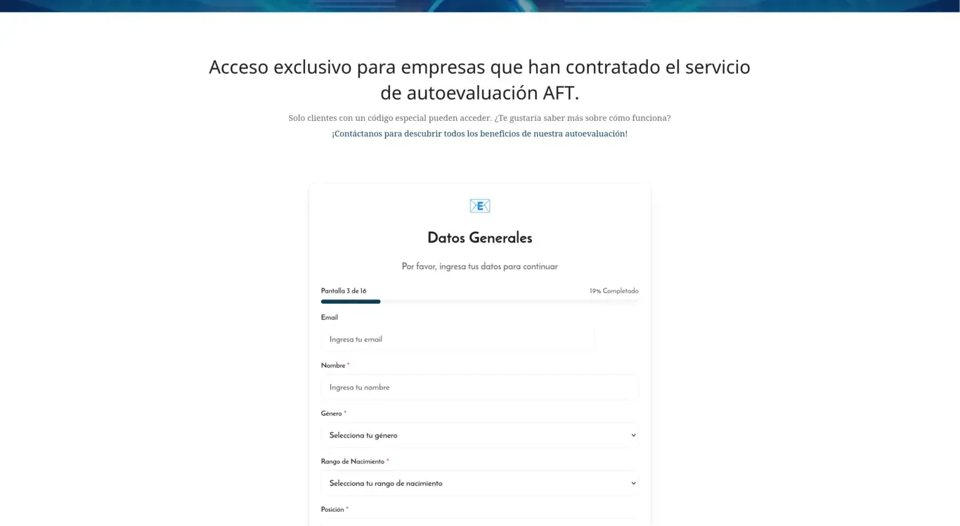 AFT - Pantalla de bienvenida de la evaluación AFT - Pantalla de bienvenida de la evaluación