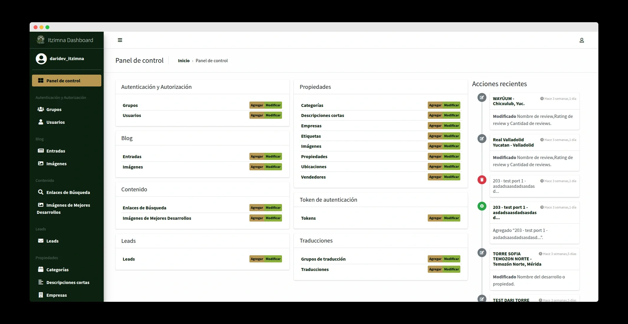 Itzimna Real Estate - Dashboard home y panel de control