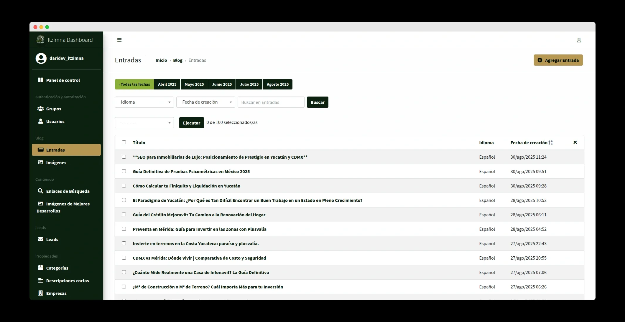 Itzimna Real Estate - Gestión de blog en CMS